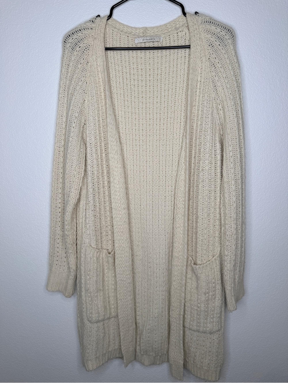 Dreamers S/M Cream Long Chunky Knit Open Front Cardigan Sweater Pockets